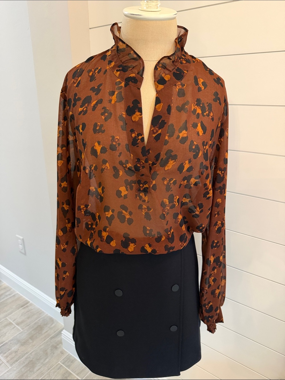 Cabi Obsess Blouse Sheer Leopard Print Ruffled V-Neck Blouse